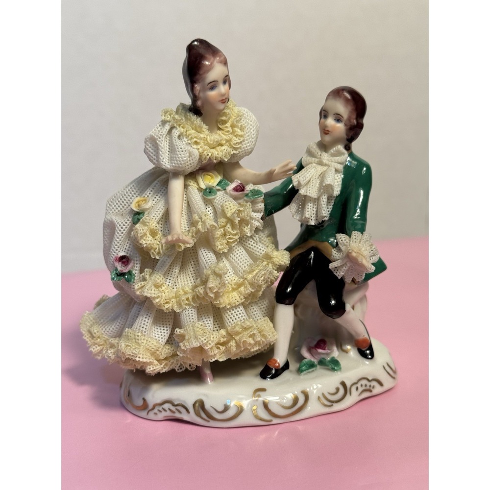 Vintage Dresden Porcelain Lace Figurine Victorian Dancing Couple